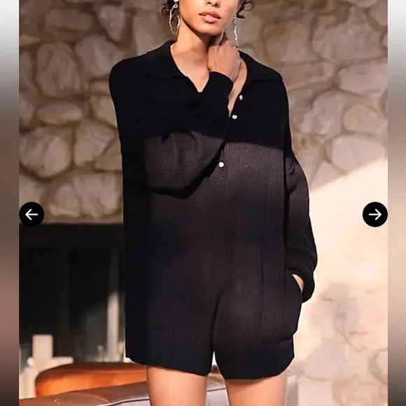 Free People Picnic Sweater Black Knit Ribbed Linen Cotton Blend Romper - Picture 3 of 9
